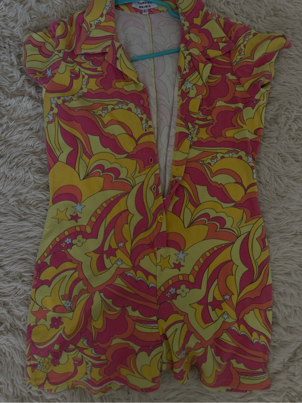 Frankie's Bikinis Pink, Yellow & Orange Psychedelic Print Romper - Picture 3 of 5